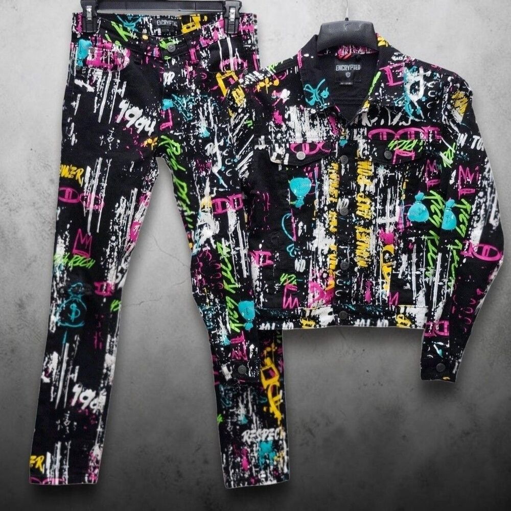 Encrypted Urban Street Graffiti Denim Pants Trucker Jacket Set Youth M 10-12